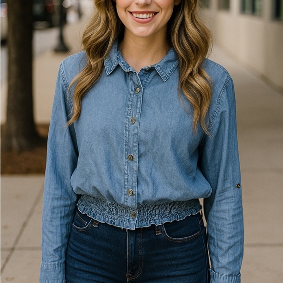 Haute Monde Denim Smock Waist Long Sleeve Blouse, Womens size Medium - Picture 1 of 13